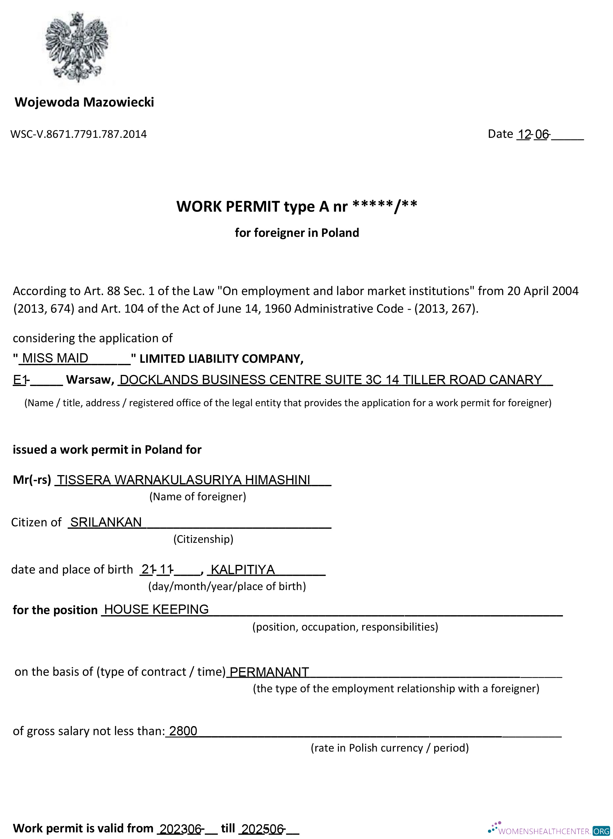 Download Poland work permit Photoshop template